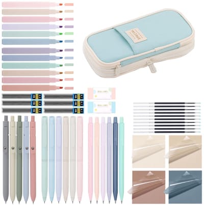 52 stuks schoolspullen met mapje, 12 pastelmarkeerstiften, 5 gelstiften, 6 vulpotlodenset, pennen en coole spullen voor tieners, meisjes, schoolspullen, kantoor, volwassenen (lichtblauw)