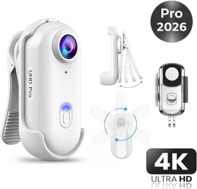 2026 Professionele 4K PRO Bodycam – 120° UHD Groothoeklens – Action Sports Camera – Met Live App-View – WiFi camera - Magnetisch & Type-C – Discreet & Draagbaar – Pocket camera – Wit
