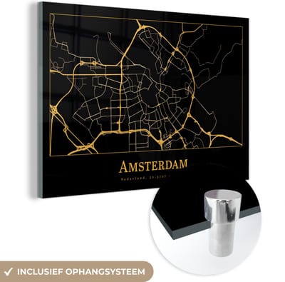 MuchoWow® Glasschilderij 60x40 cm - Schilderij acrylglas - Kaart - Amsterdam - Goud - Zwart - Foto op glas - Schilderijen