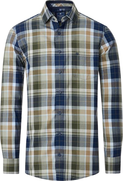 Redmond comfort fit overhemd - twill - blauw met groen en beige geruit - Strijkvriendelijk - Boordmaat: 41 - 42