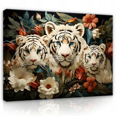 WALLARENA - Canvas schilderij - 100x70 cm - Tygrissen met bloemen en dieren voor de slaapkamer en woonkamer