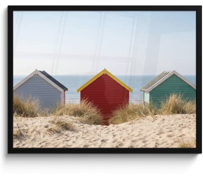 Poster in lijst - Fotolijst 80x60 cm - Posters - Strand - Huisjes - Kleurrijk - Duinen - Posterlijst zwart - Decoratie - Wanddecoratie woonkamer - Muurdecoratie slaapkamer