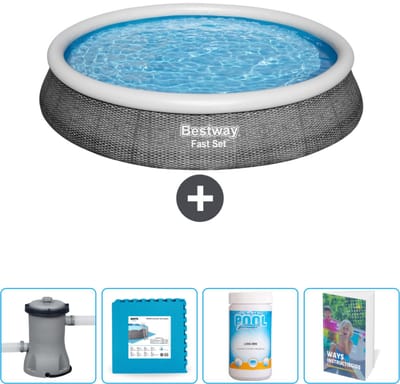 Bestway Rond Opblaasbaar Fast Set Zwembad - Rotanprint - 396 x 84 cm - Inclusief Pomp Vloertegels - Chloor - Zwembadgids