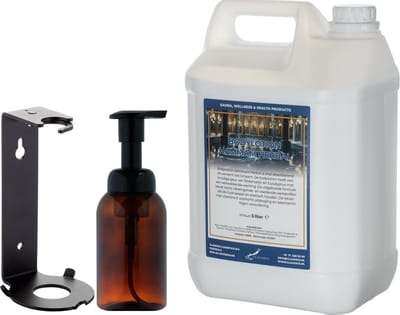 Zeepdispenser 300 ml amber bruin hervulbaar + 5 liter Bodylotion Hammam Herbal navulling (inclusief beugel)