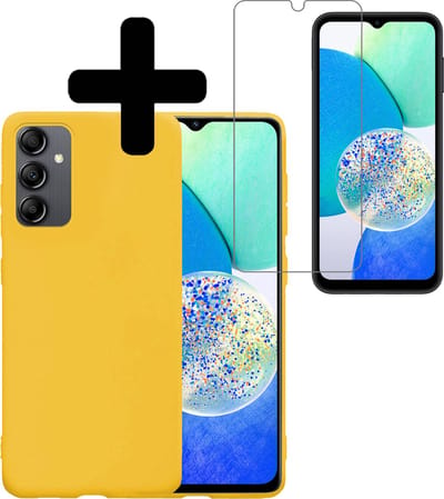 Hoesje - Met Screenprotector - Geschikt voor Samsung Galaxy A14 - Sterk & Shockproof - Back Cover - Siliconen Case - Telefoon Hoes - Telefoonhoesjes - Geel