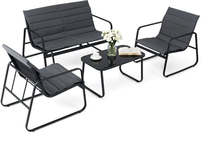 COSTWAY Tuinmeubelset, Loungemeubelen voor buiten, Balkonmeubelen voor kleine balkons, Zitgroep met 2 stoelen, bank, tafel en kussens, Terrasmeubelen, Tuinset voor terras, Tuin