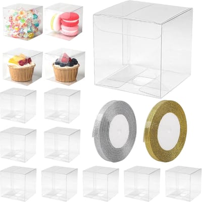 lalago 50 stuks kunststof geschenkdoosjes voor Kerstmis, transparant, kunststof geschenkdozen voor verpakking, huwelijksgunstigingsdozen, snoep, met 2 rollen gouden en zilveren linten (7 x 7 x 7 cm)