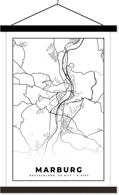 Posterhanger incl. Poster 40x60 cm - Schoolplaat - Marburg - Plattegrond - Kaart - Stadskaart - Textielposter - Zwarte latten - Stadskaart