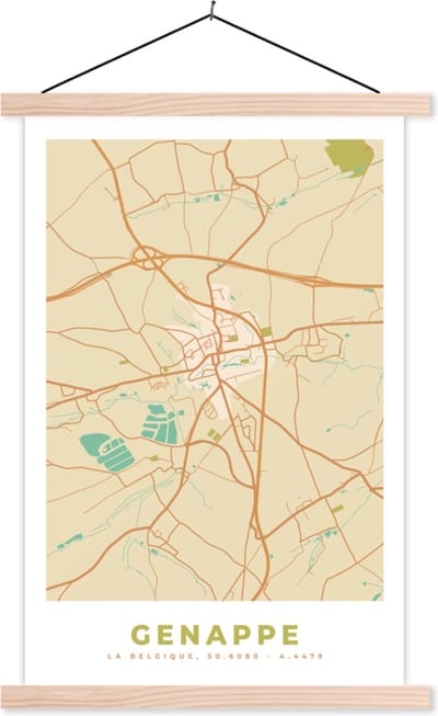 Posterhanger incl. Poster 40x60 cm - Schoolplaat - Kaart - Vintage - Plattegrond - Stadskaart - België - Genappe - Textielposter - Blanke latten - Stadskaart