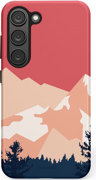 Casetastic hoesje geschikt voor Samsung Galaxy S23 - Dubbellaagse bescherming - Bergen bij stille toppen - Fashion Case - Koraal Donkergrijs Zand Perzik