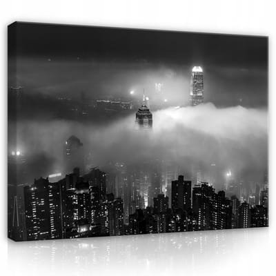 WALLARENA - Canvas schilderij - 100x70 cm - Stadsgezicht 's Nachts in de Mist op Canvas
