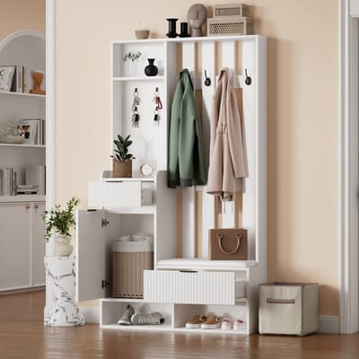 MODENUIT Halmeubel - 6-in-1 Garderobe Met 8 Haken En Schoenenbank - Voor Gang - Spaanplaat Wit - 100x30x180 Cm