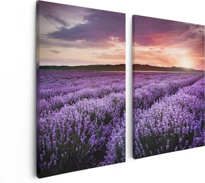 Artaza Canvas Schilderij Tweeluik Bloemenveld Met Paarse Lavendel - Bloemen - 80x60 - Foto Op Canvas - Canvas Print