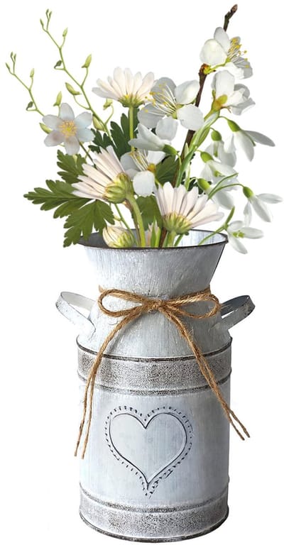 Vaas, hart, melkkan, vazen, kleine tafeldecoratie, ijzeren bloempot, shabby decoratie, metalen emmer met handvat, rustieke bloemenemmer in landelijke stijl, voor huis