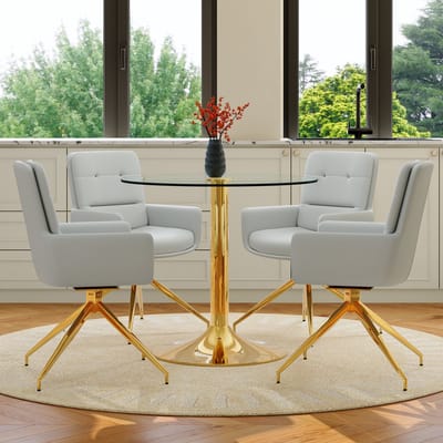 MODENUIT Eettafelset 85 cm - Ronde Tafel Met Draaibare Stoelen - Voor Eetkamer - Glas En Metaal - Goud En Lichtgrijs