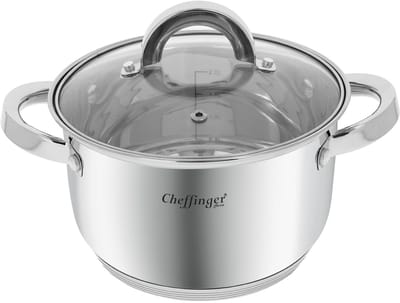 Cheffinger, Roestvrijstalen Kookpan met Glazen Deksel 18cm 2.9L Inductie Compatibel, Zilver