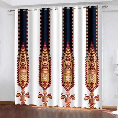 Ethiopisch traditioneel patroongordijn, verticaal frame geometrisch ontwerp geïnspireerd door eeuwige cultuur zonweringgordijnen 2 stuks W50xH130(CM)x2PCS-Grommet Top