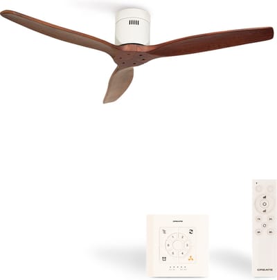 CREATE - Plafondventilator 40W silent Ø132 cm - Controller voor wandmontage - afstandsbediening - Wit Donker Hout- WIND CALM