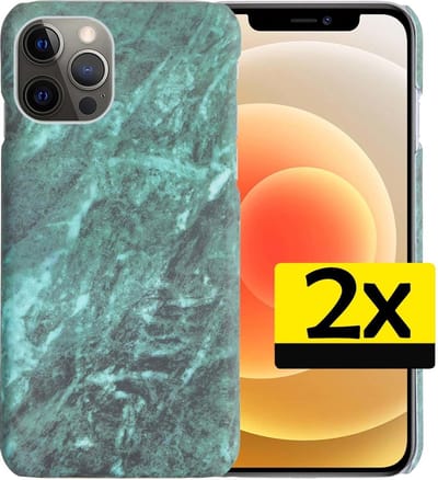 Hoesje Geschikt voor iPhone 12 Pro Max Hoesje Marmer Case Hard Cover - Hoes Geschikt voor iPhone 12 Pro Max Case Marmer Hoesje Backcover - Groen - 2 Stuks