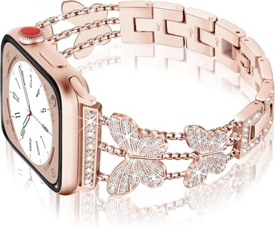 Stravo Luxe Dames Horlogebandje met Vlinder & Strass – Elegant Armband Bandje – Geschikt voor Apple Watch 42mm (Series 11/10), 41mm (Series 9/8/7/SE 2), 40mm (Series 6/5/4/SE), 38mm (Series 3/2/1) – Sierlijk Design – Roségoud