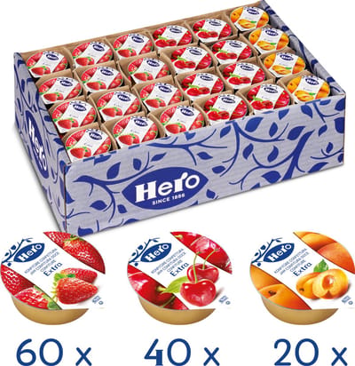 Hero Jam assortiment - Broodbeleg - Jam - Aardbeien, Kersen & Abrikozen - 120 Cupjes à 25 gram - Voordeelverpakking