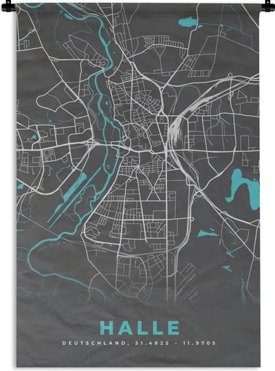 Wandkleed - Wanddoek - Stadskaart – Plattegrond – Duitsland – Blauw – Halle – Kaart - 120x180 cm - Wandtapijt