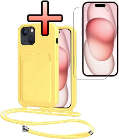 Hoes Geschikt voor iPhone 15 Plus Hoesje Pasjeshouder Cover Met Koord Case Siliconen Hoes Met Telefoonkoord en Kaarthouder Met Screenprotector - Geel