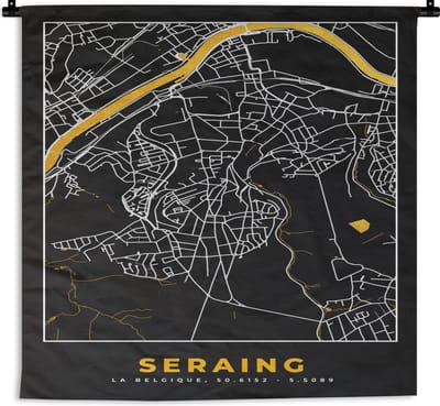 Wandkleed - Wanddoek - Plattegrond - Goud - Seraing - Kaart - Stadskaart - 180x180 cm - Wandtapijt