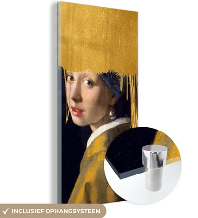 MuchoWow® Glasschilderij 20x40 cm - Schilderij acrylglas - Meisje met de Parel - Goud - Vermeer - Foto op glas - Schilderijen