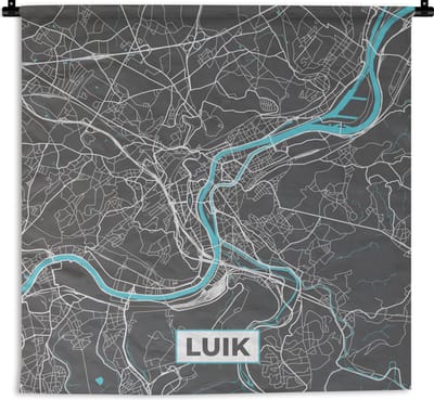 Wandkleed - Wanddoek - België – Luik – Stadskaart – Kaart – Blauw – Plattegrond - 180x180 cm - Wandtapijt