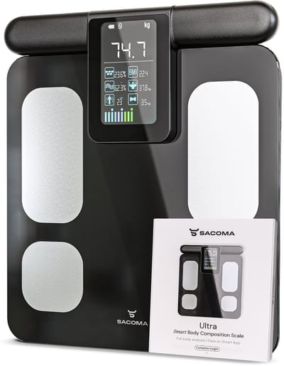 Sacoma Ultra Weegschaal Personenweegschaal Digitaal - USB Oplaadbaar - Slimme Weegschalen met 28x Lichaamsanalyse - Incl. Sacoma App en Handvat