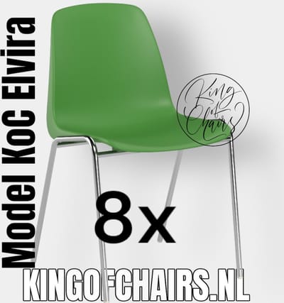 King of Chairs -set van 8- model KoC Elvira lichtgroen met verchroomd onderstel. Kantinestoel stapelstoel kuipstoel vergaderstoel tuinstoel kantine stapel stoel kantinestoelen stapelstoelen kuipstoelen keukenstoel Helene schoolstoel eetkamerstoelen