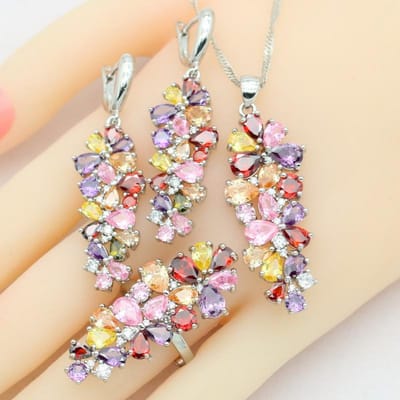 Multi-kleur Zirkoon Stempel Dames Sieradensets Armband Oorbellen Ketting Hanger Ring Bruiloftsfeest Verjaardagscadeau 10 beige