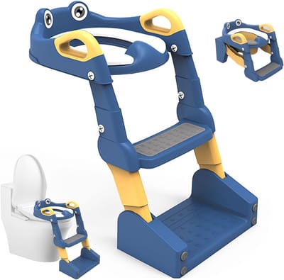Kinderpotstoel met trede - in hoogte verstelbare wc-bril - voor kinderen met geïntegreerde trap - spatbescherming - antislip PU-gevoerde zitting - opvouwbaar - voor zindelijkheidstraining - blauw - kindvriendelijk - comfortabel