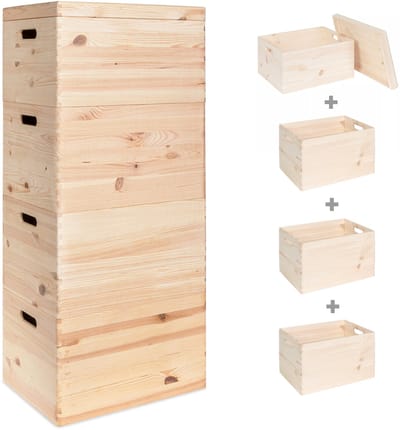 Haudt® Houten stapelkist set - 3 x KIM Maxi open en 1 x KIM Maxi met losse deksel - stapelbare opbergoplossing - houten kisten - opbergkist - vurenhout