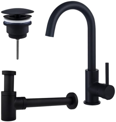 FugaFlow Eccelente Sobrado Badkamer Wastafelkraanset - hoge wastafelkraan - draaibare uitloop - always open plug - verlaagde design sifon - Mat zwart
