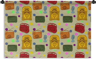 Wandkleed - Wanddoek - Vintage - Radio - Microfoon - Patroon - 180x120 cm - Wandtapijt