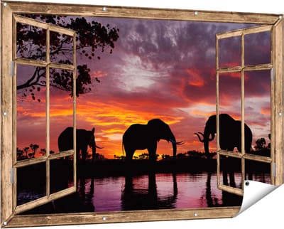 Gards Tuinposter Doorkijk Olifanten tijdens Zonsondergang - Silhouet - 150x100 cm - Tuindoek - Tuindecoratie - Wanddecoratie buiten - Tuinschilderij