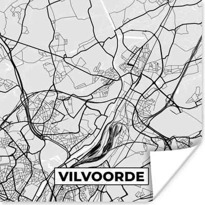Poster Zwart Wit – België – Plattegrond – Stadskaart – Kaart – Vilvoorde - 100x100 cm XXL
