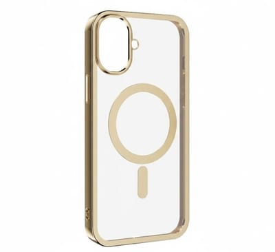 Transparant goudkleurig telefoon hoesje met metallic randen – geschikt voor iPhone 16 MagSafe – luxe backcover met MagSafe ring en camera bescherming