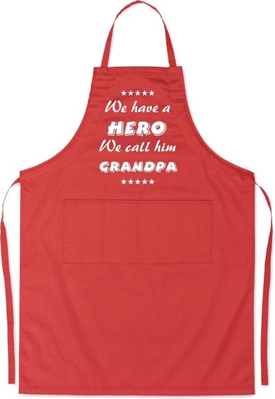 Mijncadeautje Schort - We have a hero, GRANDPA - opdruk wit - mooie en exclusieve keukenschort - rood