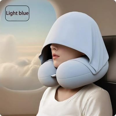 Reiskussen met capuchon – Neksteunkussen met capuchon – Neksteun van traagschuim – Zacht en comfortabel – Rekbare, afneembare en wasbare hoes – Comfort van topklasse voor vliegreizen, autoritten en dutjes – Lichtblauw