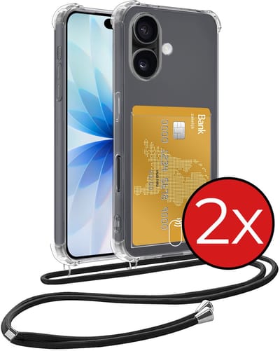 Hoesje Geschikt voor iPhone 17 Hoesje Met Telefoonkoord en Pasjeshouder Siliconen - Hoes Geschikt voor iPhone 17 Hoesje Met Kaarthouder Shock Proof Case - Transparant - 2 PACK