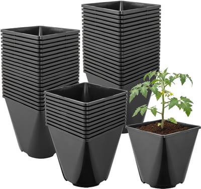 Garronda Set van 50 afgeronde vierkante kunststof kweekpotten met drainagegaten voor tuin (Zwart, 15,7 x 15,7 x 16 cm (3L)) GD-KW-SR