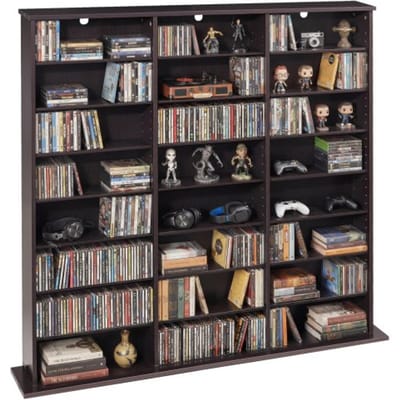 VEVOR dvd-rek met 24 vakken (8 niveaus), mediaplank, vrijstaand rek 142 x 22 x 130 cm, ruimtebesparend opbergrek voor cd's, dvd's, boeken, game discs, boekenplank voor woonkamer/thuiskantoor, bruin