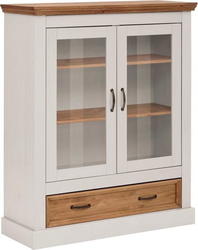 Copilot said: Selma Highboard Vitrinekast met 2 Glazen Deuren en Lade - Wit/Honingkleurig - 100 cm