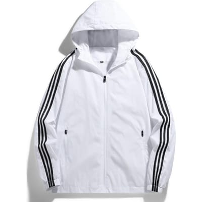 Sportjack met capuchon voor heren voor lente en herfst, casual veelzijdig herenjack, drie strepen, enkel kledingstuk, glansplaat L wit