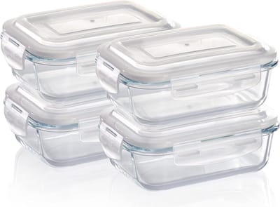 Famanu - Glazen vershoudbakjes – 4 x 640 ml – ovenschaal met deksels – rechthoekig – lucht- en vloeistofdichte containers