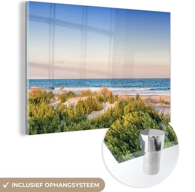 MuchoWow® Glasschilderij 180x120 cm - Schilderij acrylglas - Strand - Planten - Licht - Foto op glas - Muurdecoratie woonkamer - Wanddecoratie slaapkamer - Schilderijen