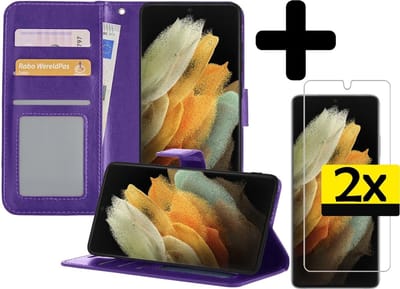 Hoesje - Met 2x Screenprotector - Geschikt voor Samsung Galaxy S21 Ultra - Luxe Pasjeshouder - Bookcase Portemonee - Flip Case - Kunstleer Book Case - Flipcase Hoes - Book Cover - Walletcase - Portemonneehoes - Telefoonhoesjes - Paars